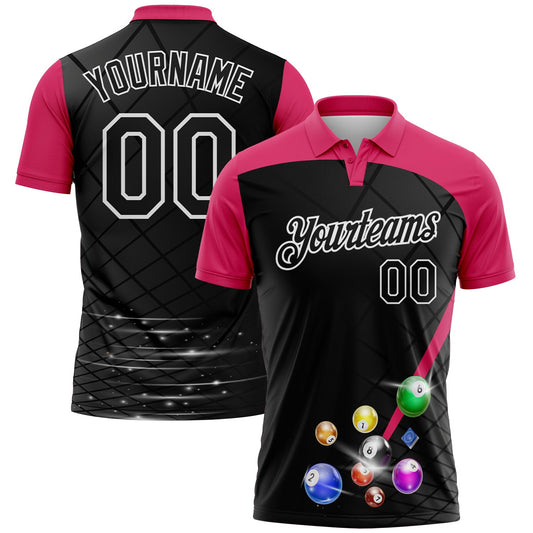 Custom Black Pink-White Billiard Balls Performance Polo Shirt - Main View