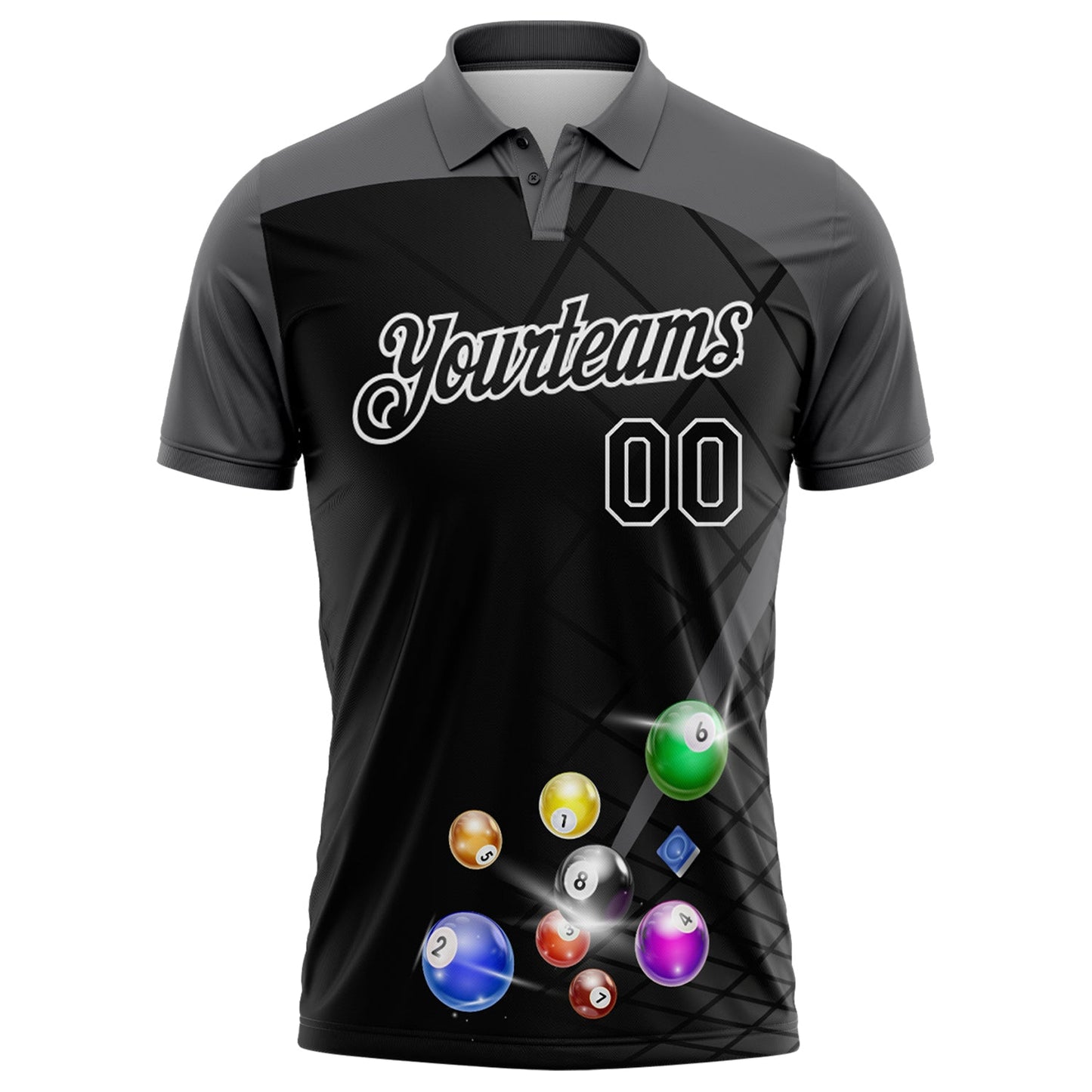 Custom Black Steel Gray-White Billiard Balls Performance Polo Shirt view 2