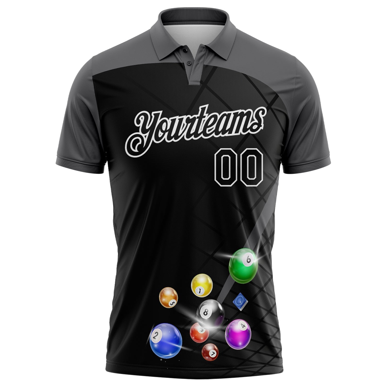 Custom Black Steel Gray-White Billiard Balls Performance Polo Shirt view 2