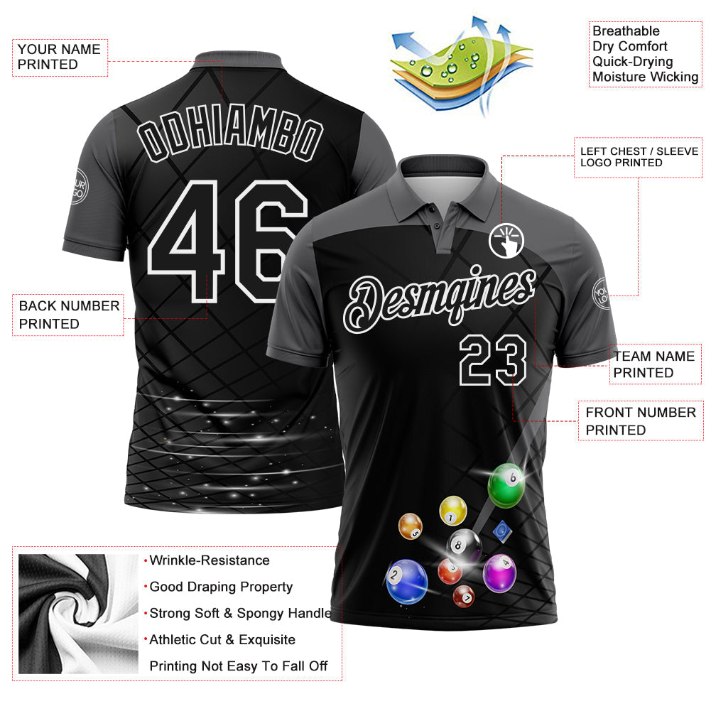 Custom Black Steel Gray-White Billiard Balls Performance Polo Shirt view 3