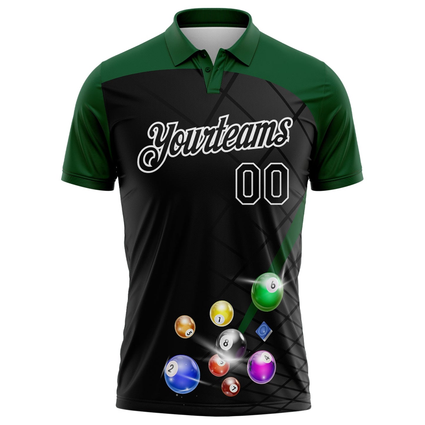 Custom Black Green-White Billiard Balls Performance Polo Shirt view 2