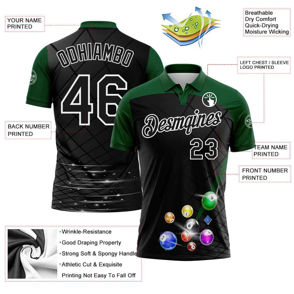 Custom Black Green-White Billiard Balls Performance Polo Shirt view 3
