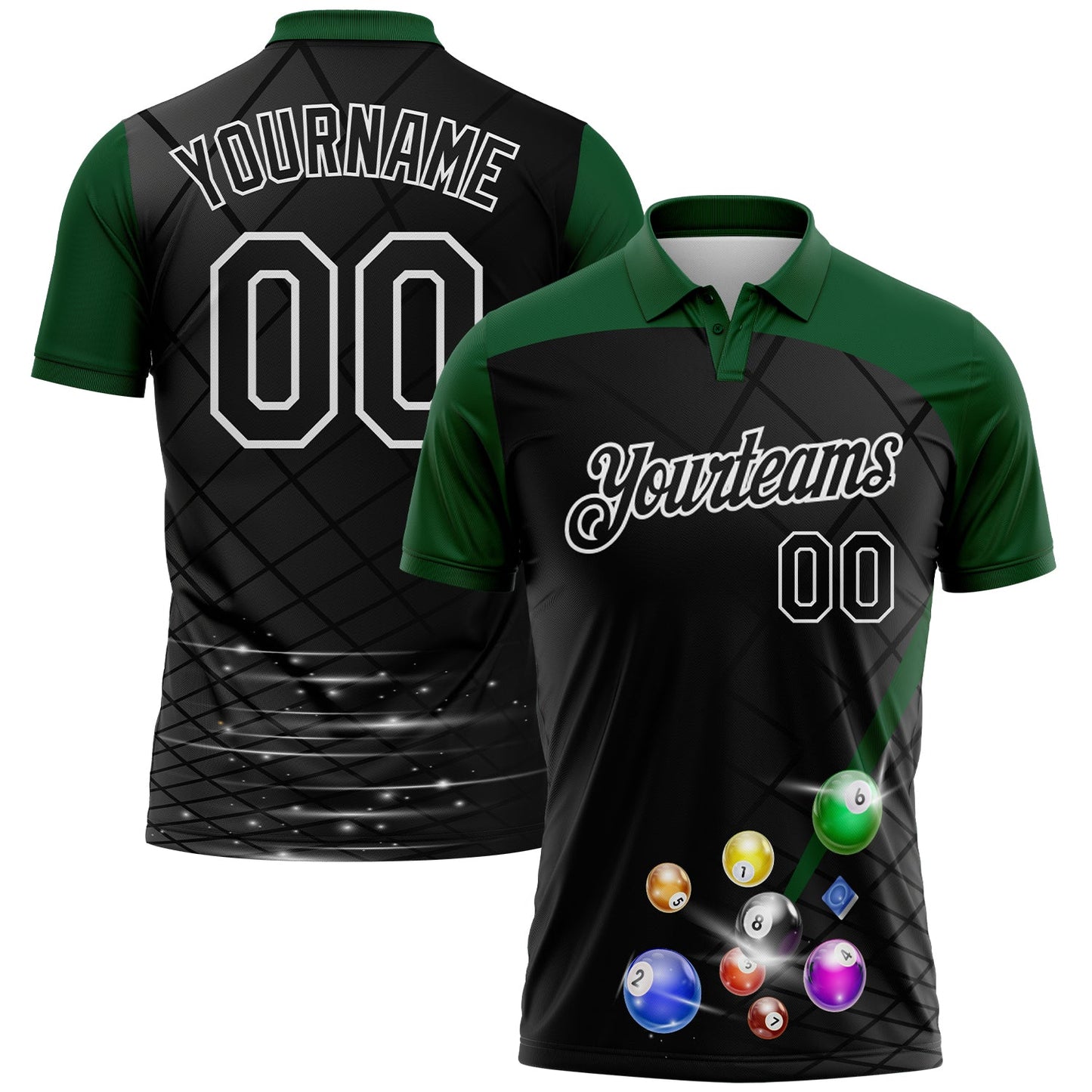 Custom Black Green-White Billiard Balls Performance Polo Shirt - Main View