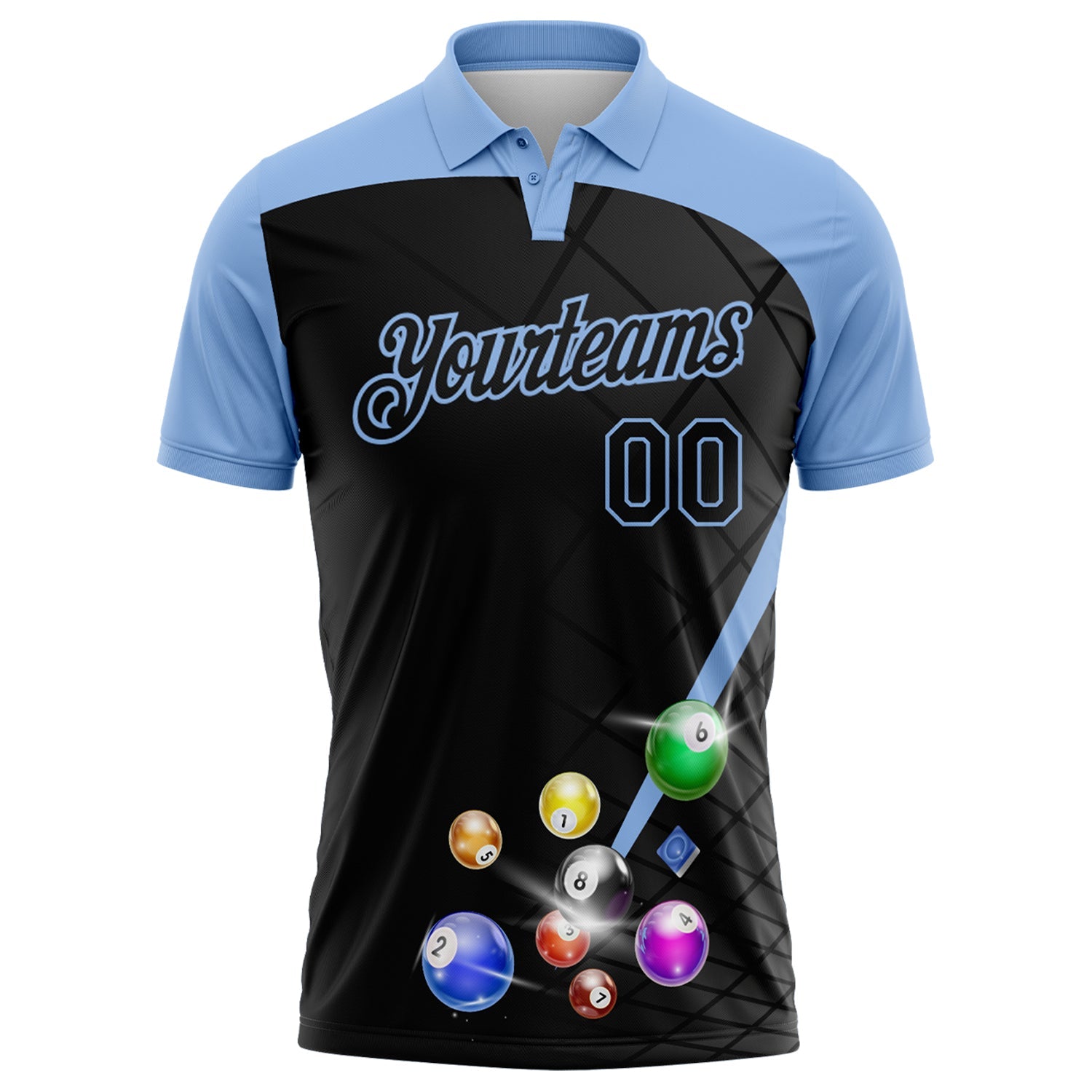 Custom Black-Light Blue Billiard Balls Performance Polo Shirt view 2