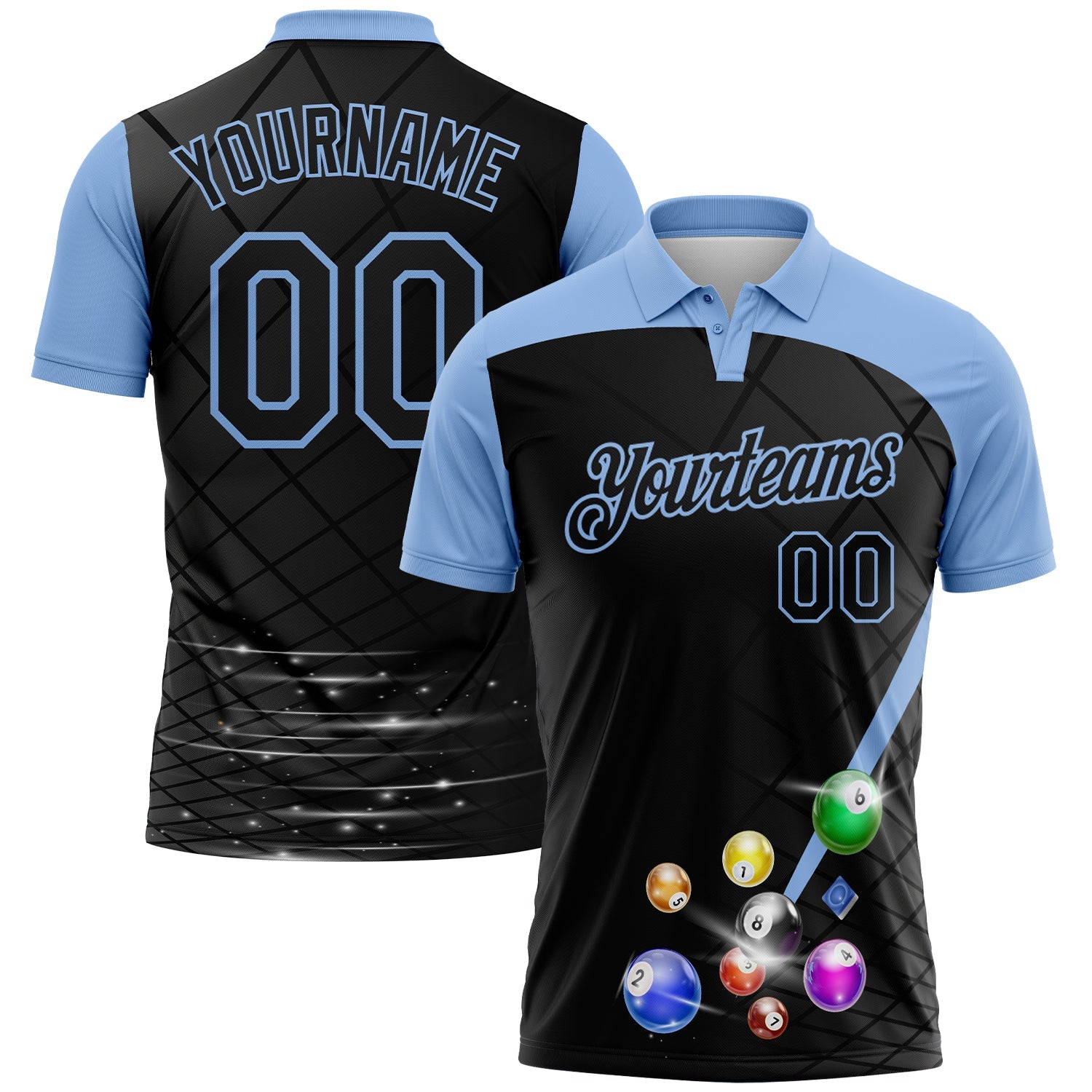 Custom Black-Light Blue Billiard Balls Performance Polo Shirt - Main View