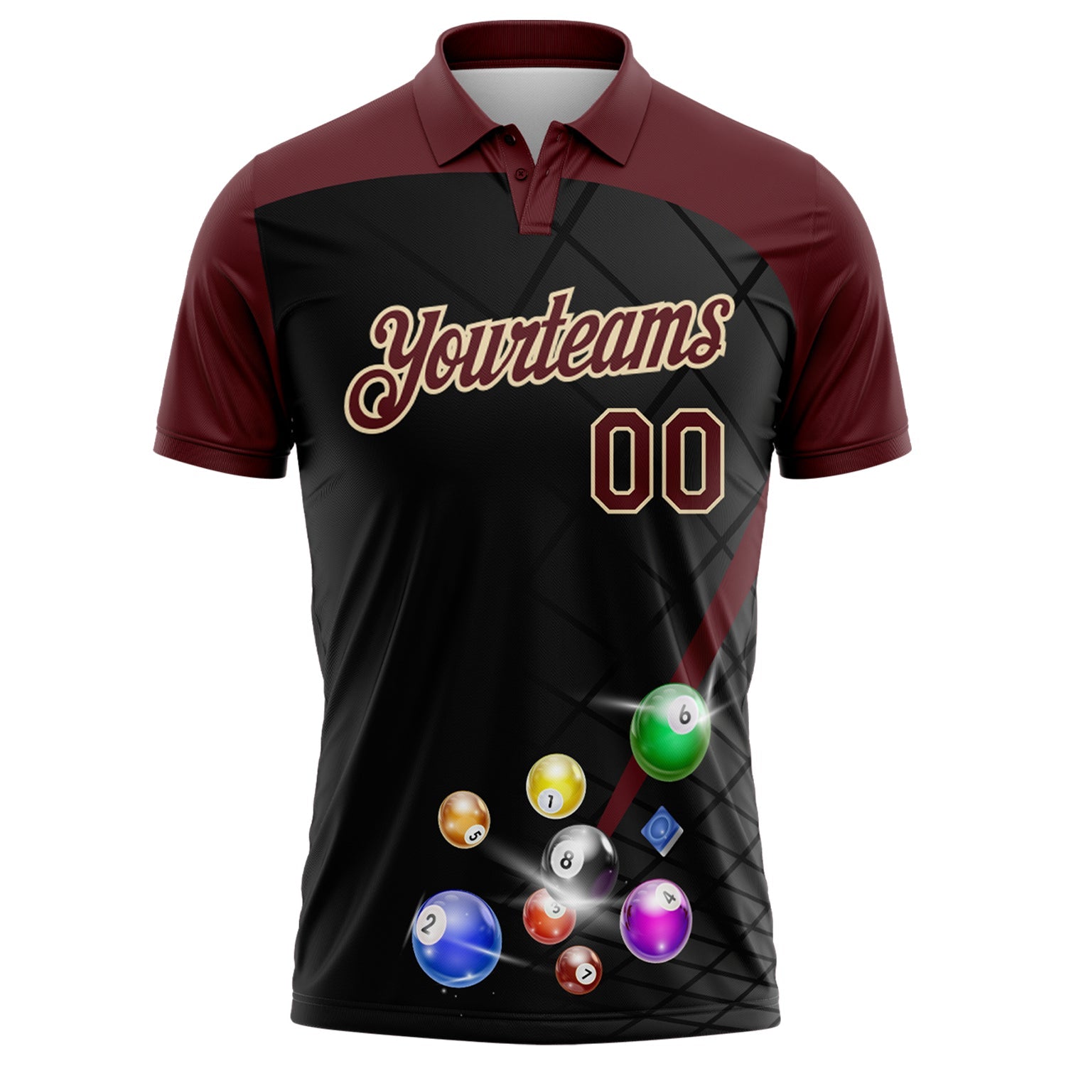 Custom Black Crimson-Cream Billiard Balls Performance Polo Shirt view 2