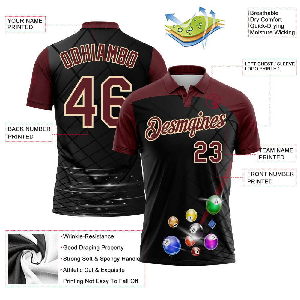 Custom Black Crimson-Cream Billiard Balls Performance Polo Shirt view 3
