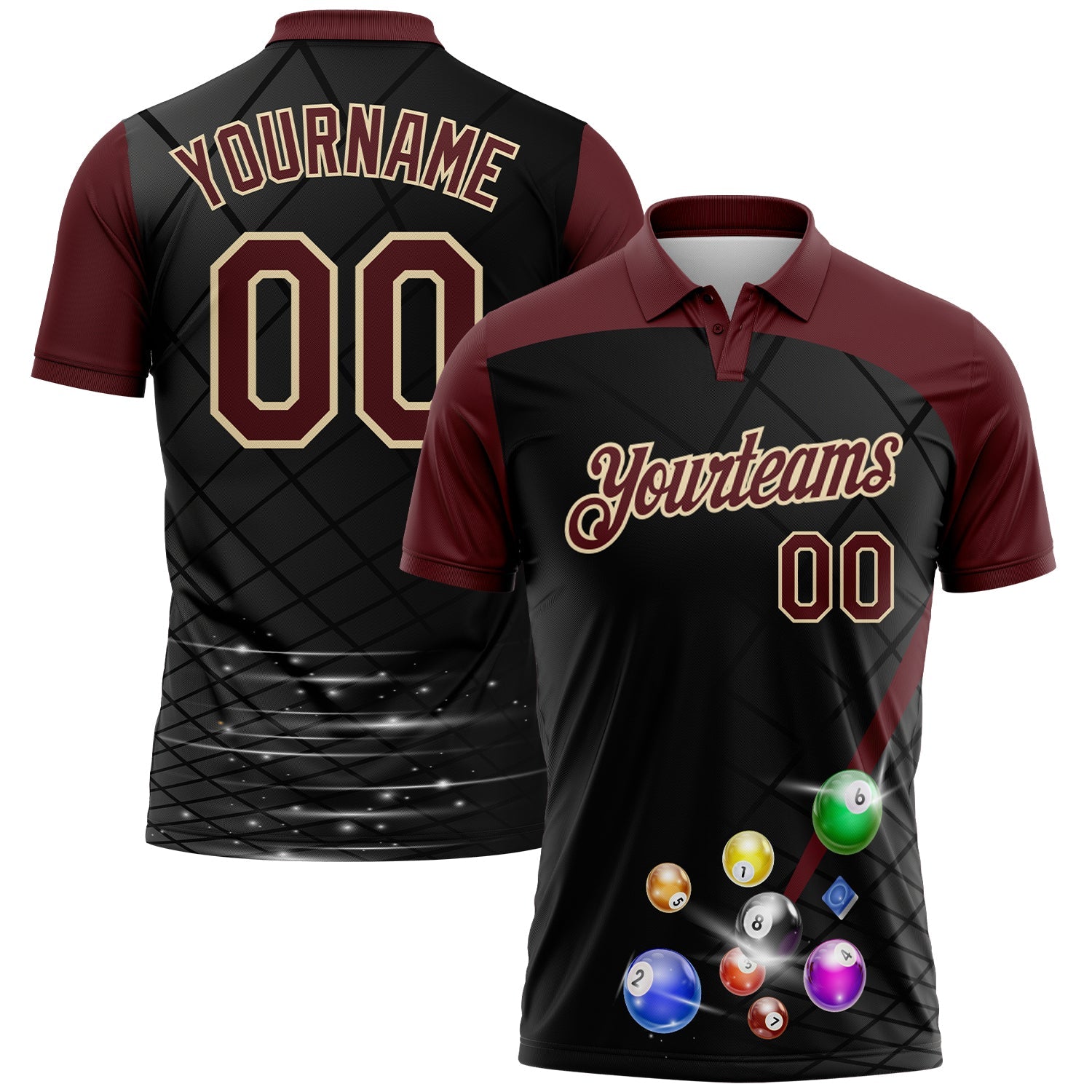 Custom Black Crimson-Cream Billiard Balls Performance Polo Shirt - Main View