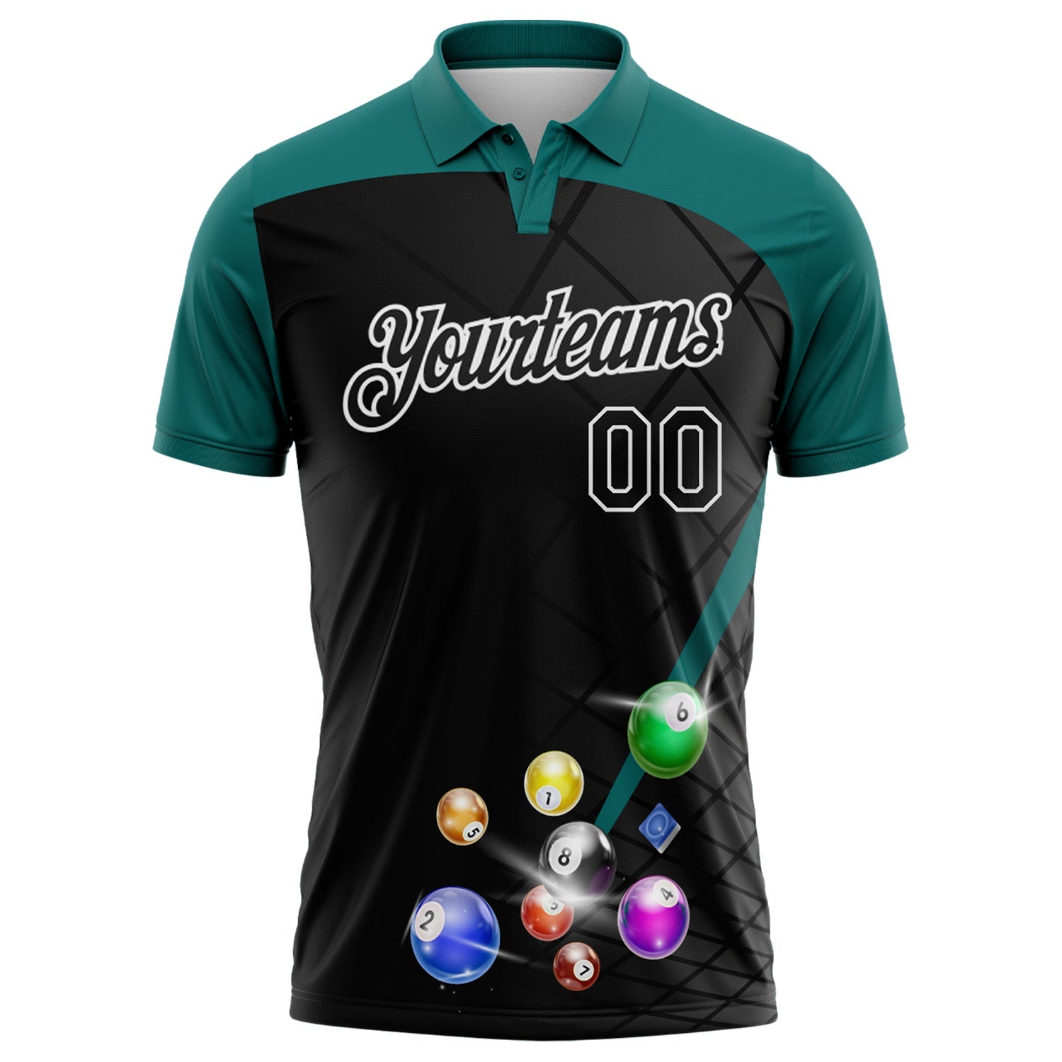 Custom Black Teal-White Billiard Balls Performance Polo Shirt view 2