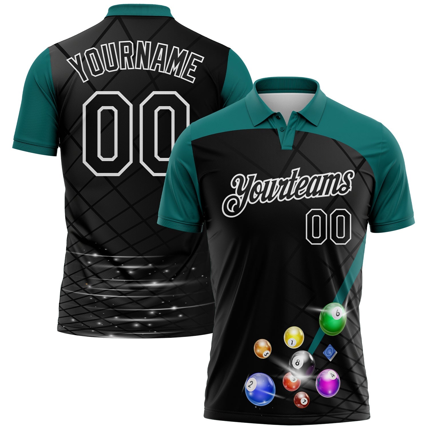 Custom Black Teal-White Billiard Balls Performance Polo Shirt - Main View