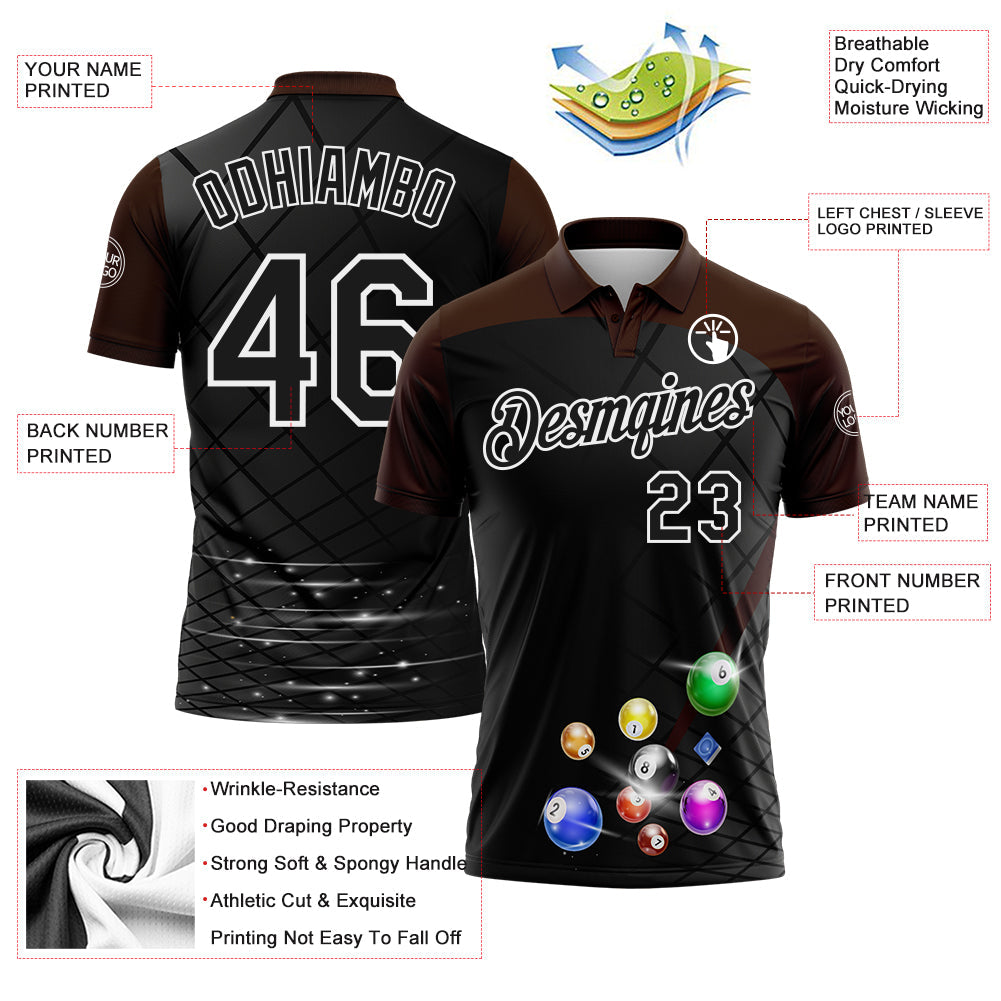 Custom Black Brown-White Billiard Balls Performance Polo Shirt view 3