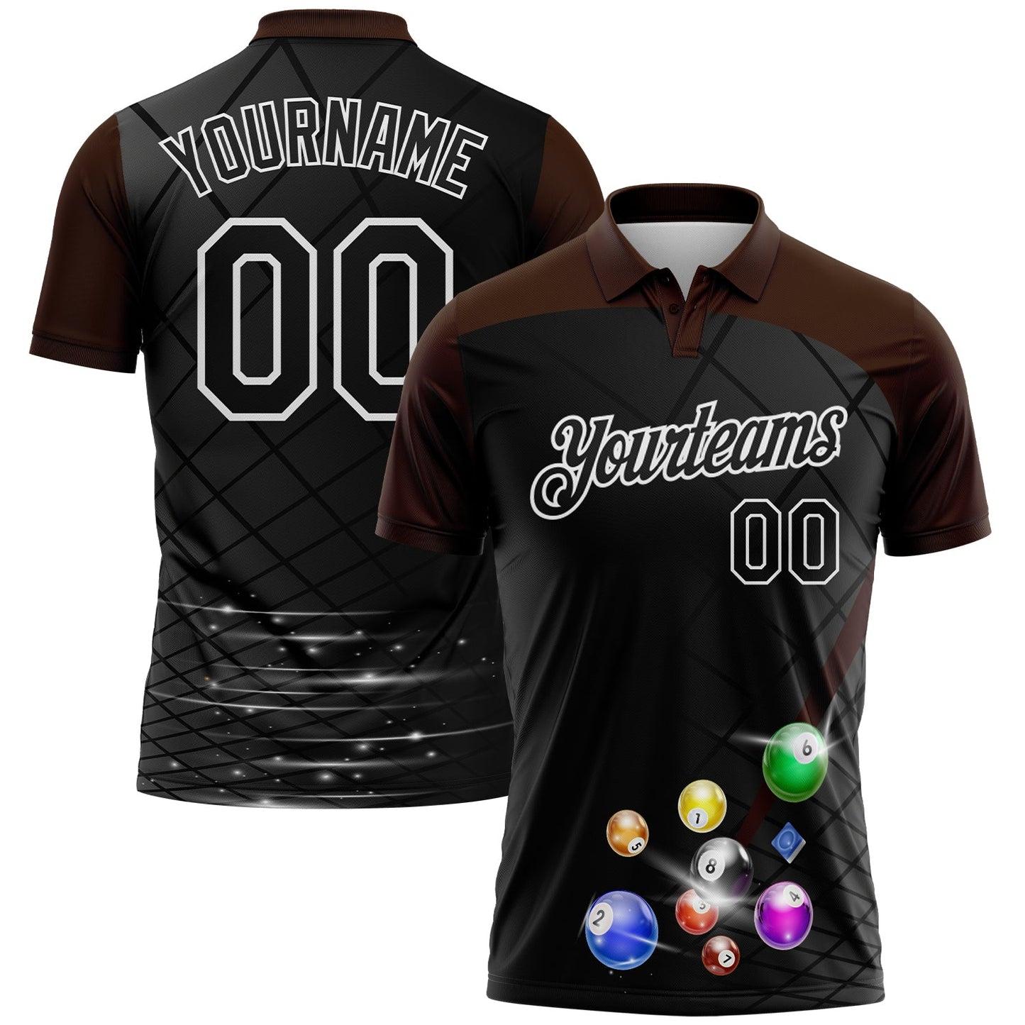 Custom Black Brown-White Billiard Balls Performance Polo Shirt - Main View