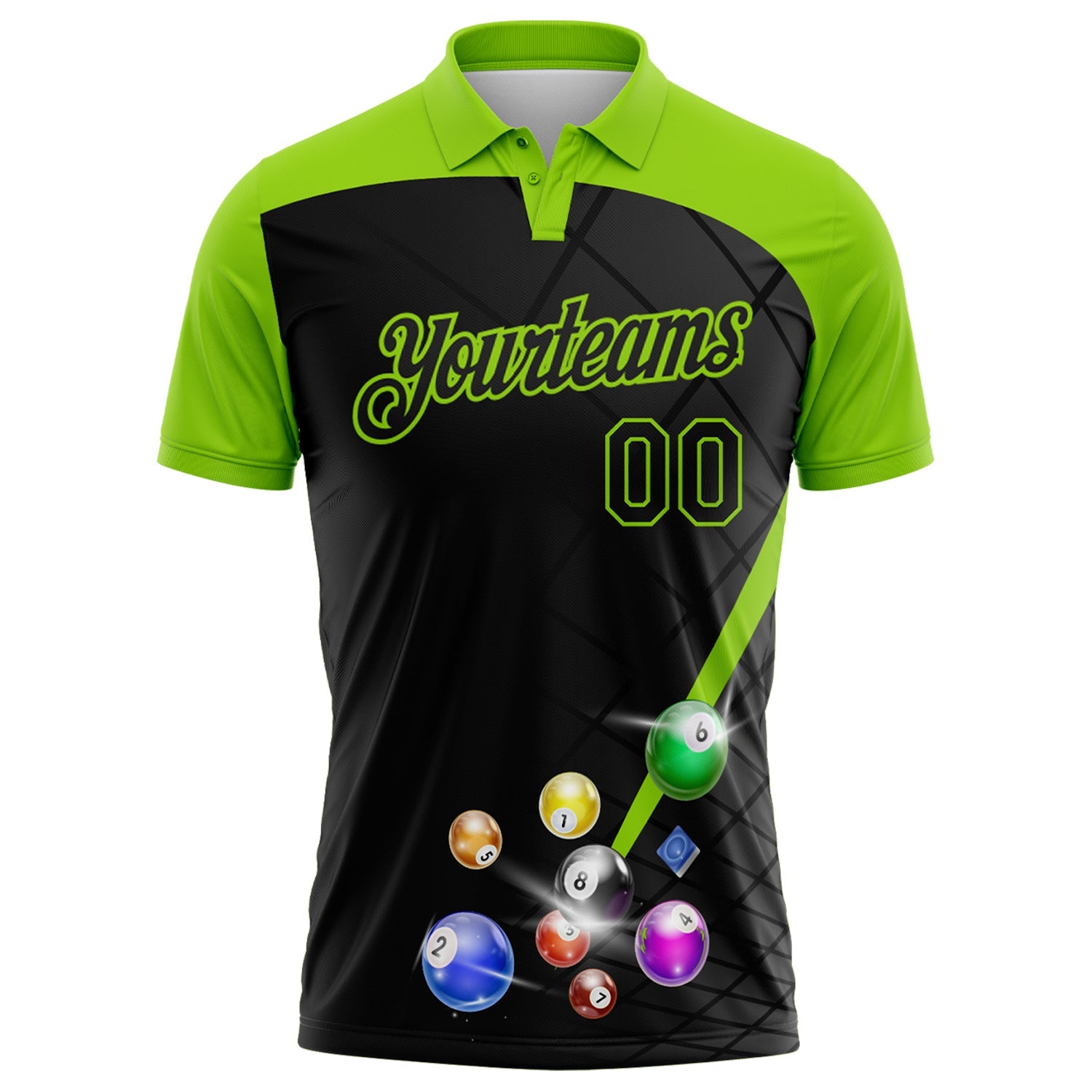 Custom Black-Neon Green Billiard Balls Performance Polo Shirt view 2