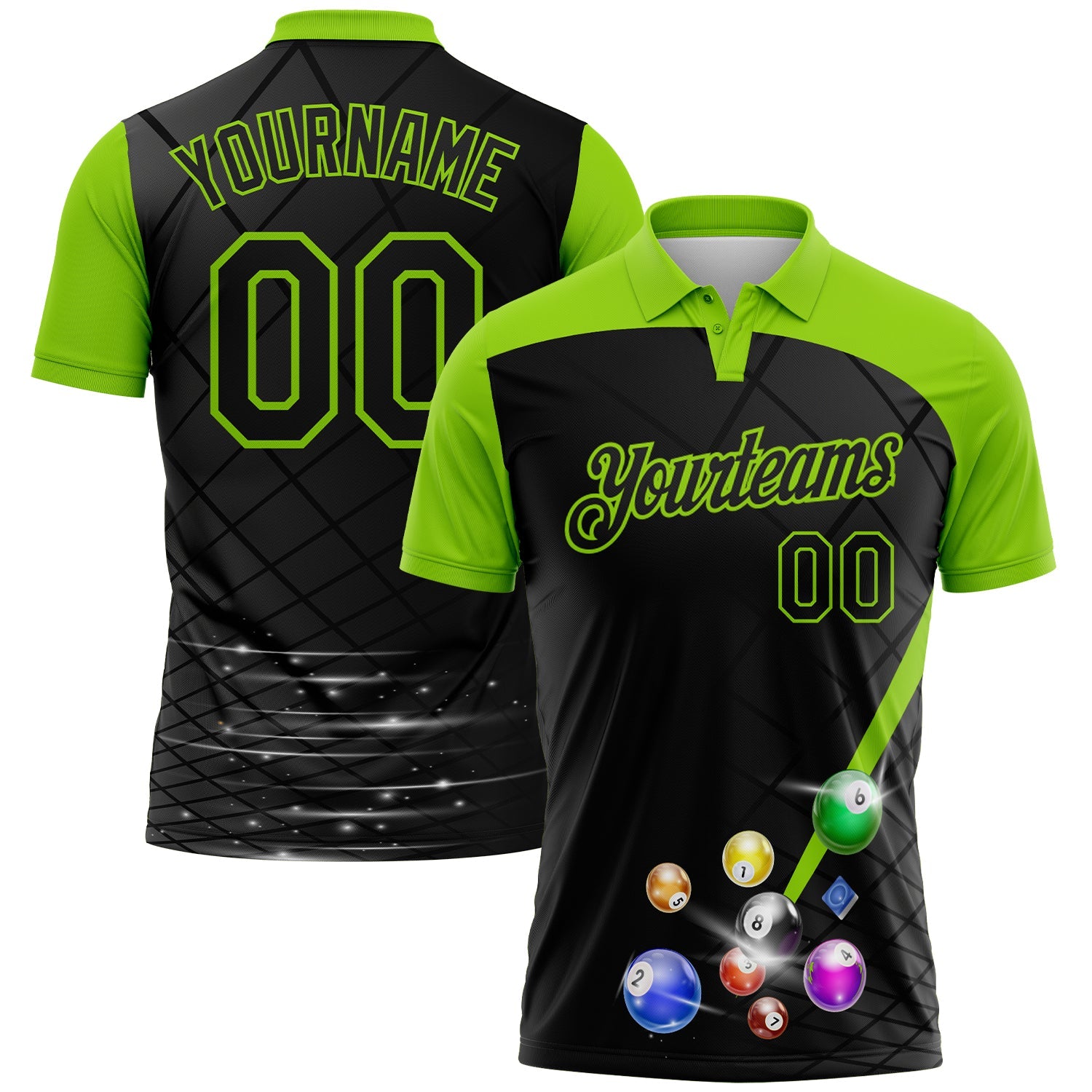 Custom Black-Neon Green Billiard Balls Performance Polo Shirt - Main View