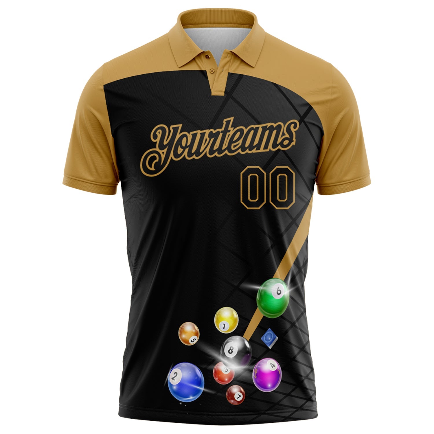 Custom Black-Old Gold Billiard Balls Performance Polo Shirt view 2