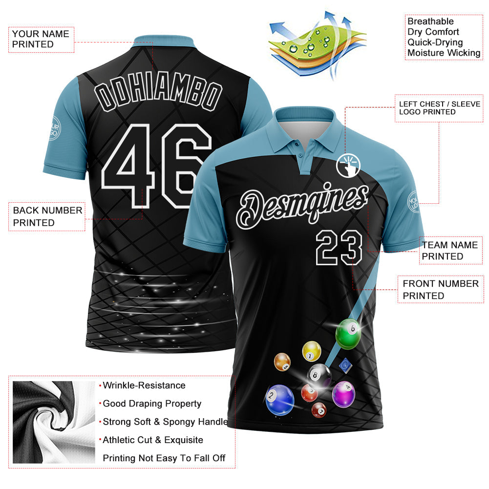 Custom Black Shadow Blue-White Billiard Balls Performance Polo Shirt view 3