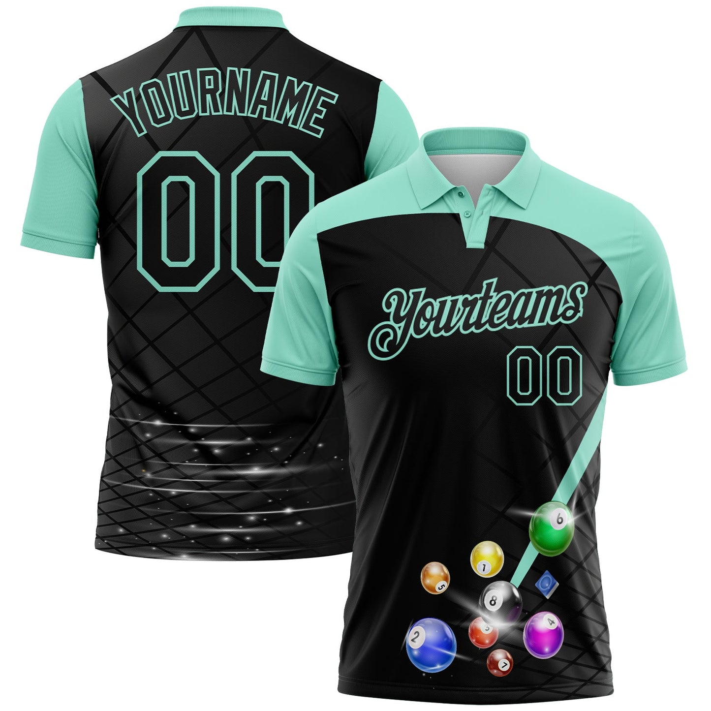 Custom Black-Ice Blue Billiard Balls Performance Polo Shirt - Main View