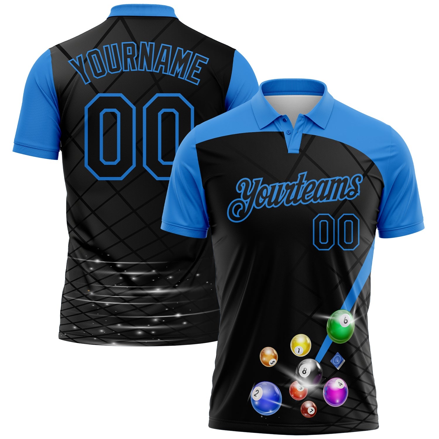 Custom Black-Powder Blue Billiard Balls Performance Polo Shirt - Main View