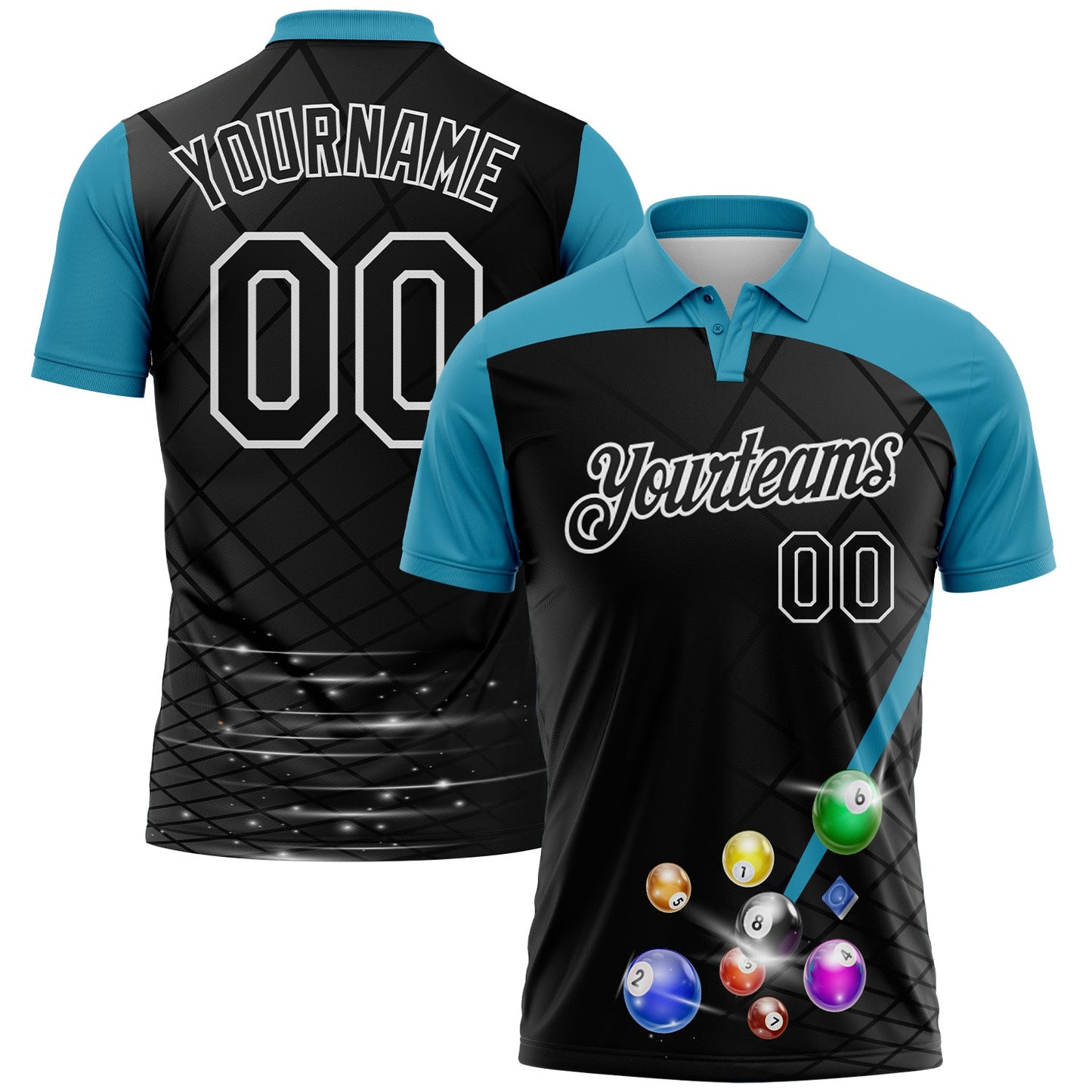 Custom Black Panther Blue-White Billiard Balls Performance Polo Shirt - Main View