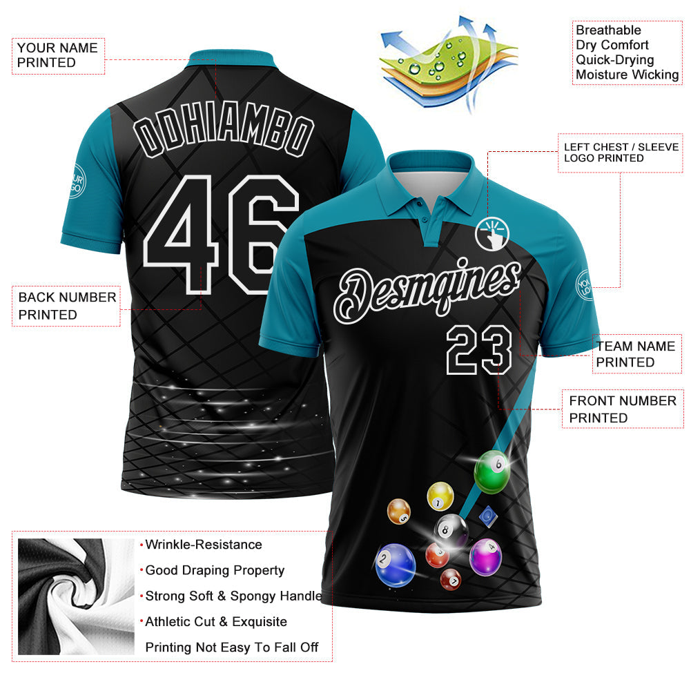Custom Black Teal-White Billiard Balls Performance Polo Shirt view 3