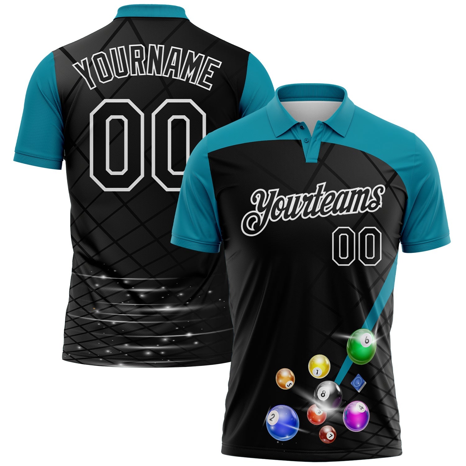 Custom Black Teal-White Billiard Balls Performance Polo Shirt - Main View