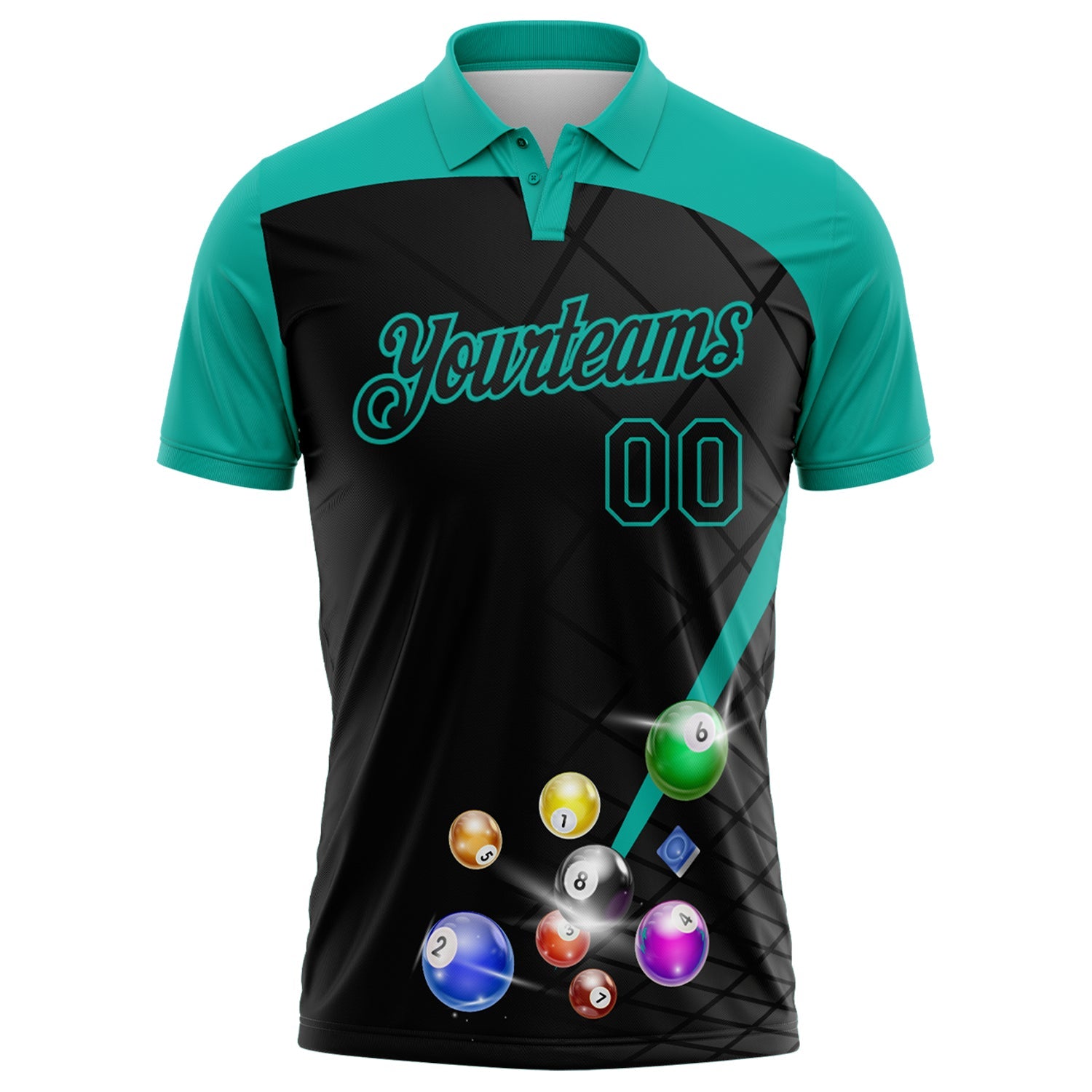 Custom Black-Aqua Billiard Balls Performance Polo Shirt view 2