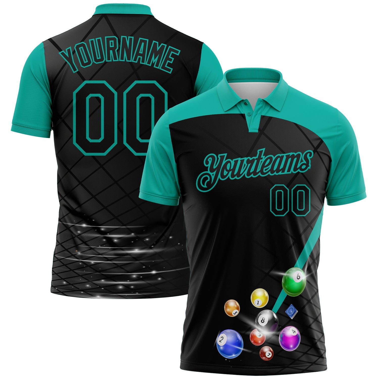 Custom Black-Aqua Billiard Balls Performance Polo Shirt - Main View