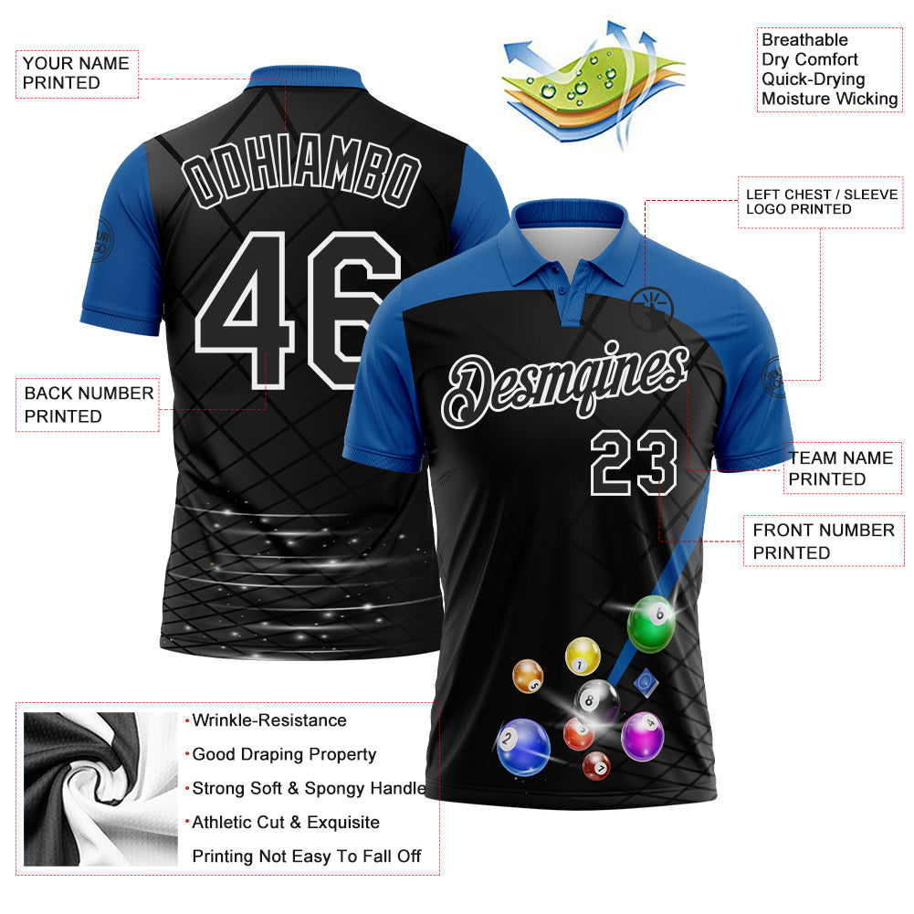 Custom Black Thunder Blue-White Billiard Balls Performance Polo Shirt view 3