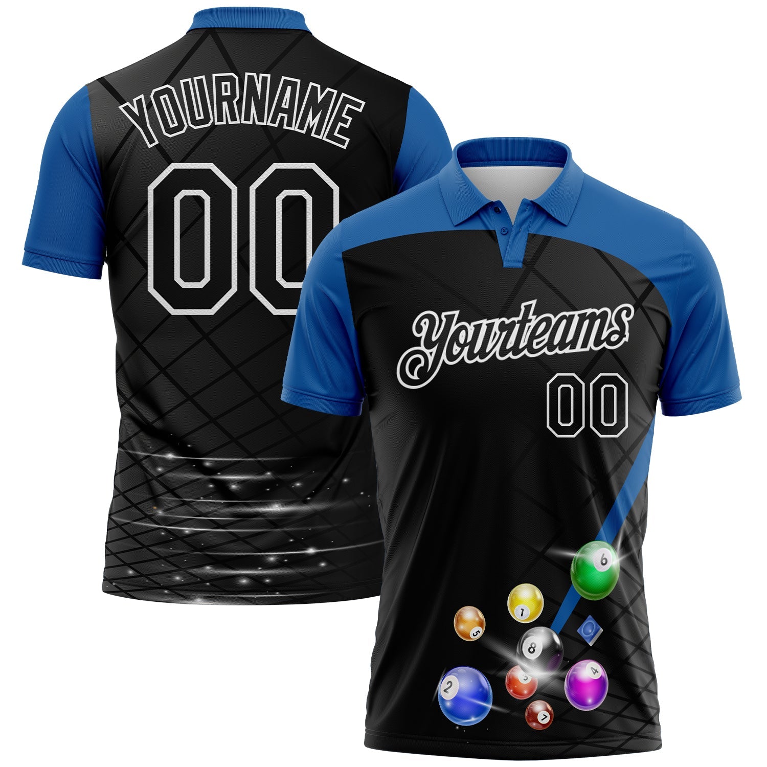 Custom Black Thunder Blue-White Billiard Balls Performance Polo Shirt - Main View