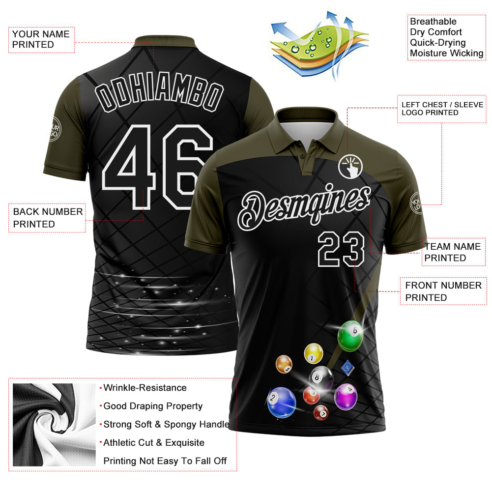 Custom Black Olive-White Billiard Balls Performance Polo Shirt view 3