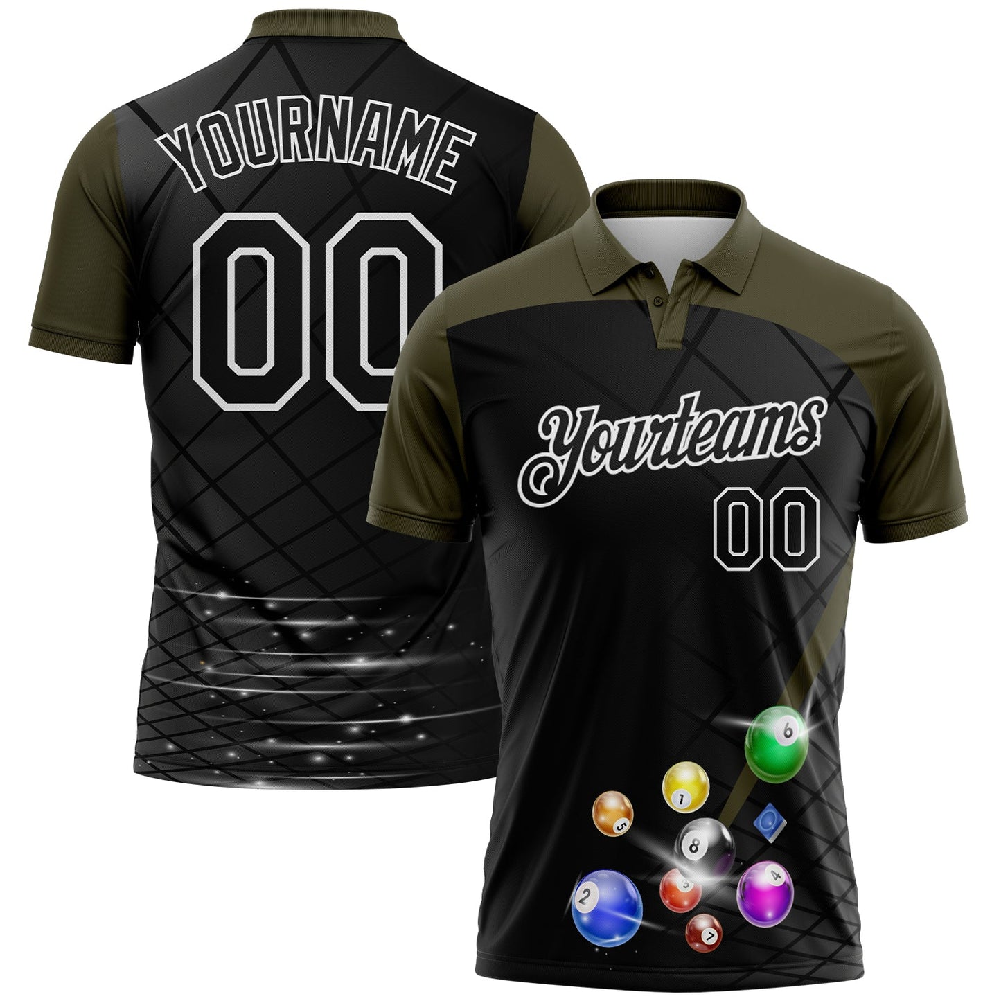 Custom Black Olive-White Billiard Balls Performance Polo Shirt - Main View