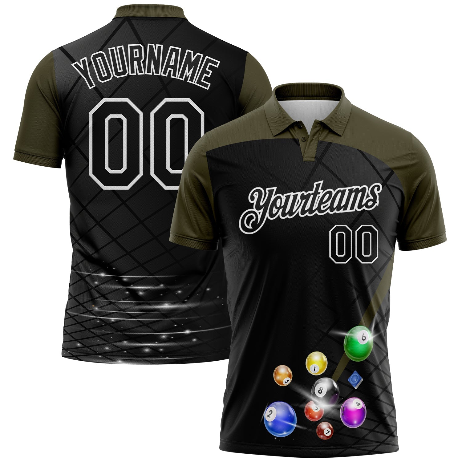 Custom Black Olive-White Billiard Balls Performance Polo Shirt - Main View
