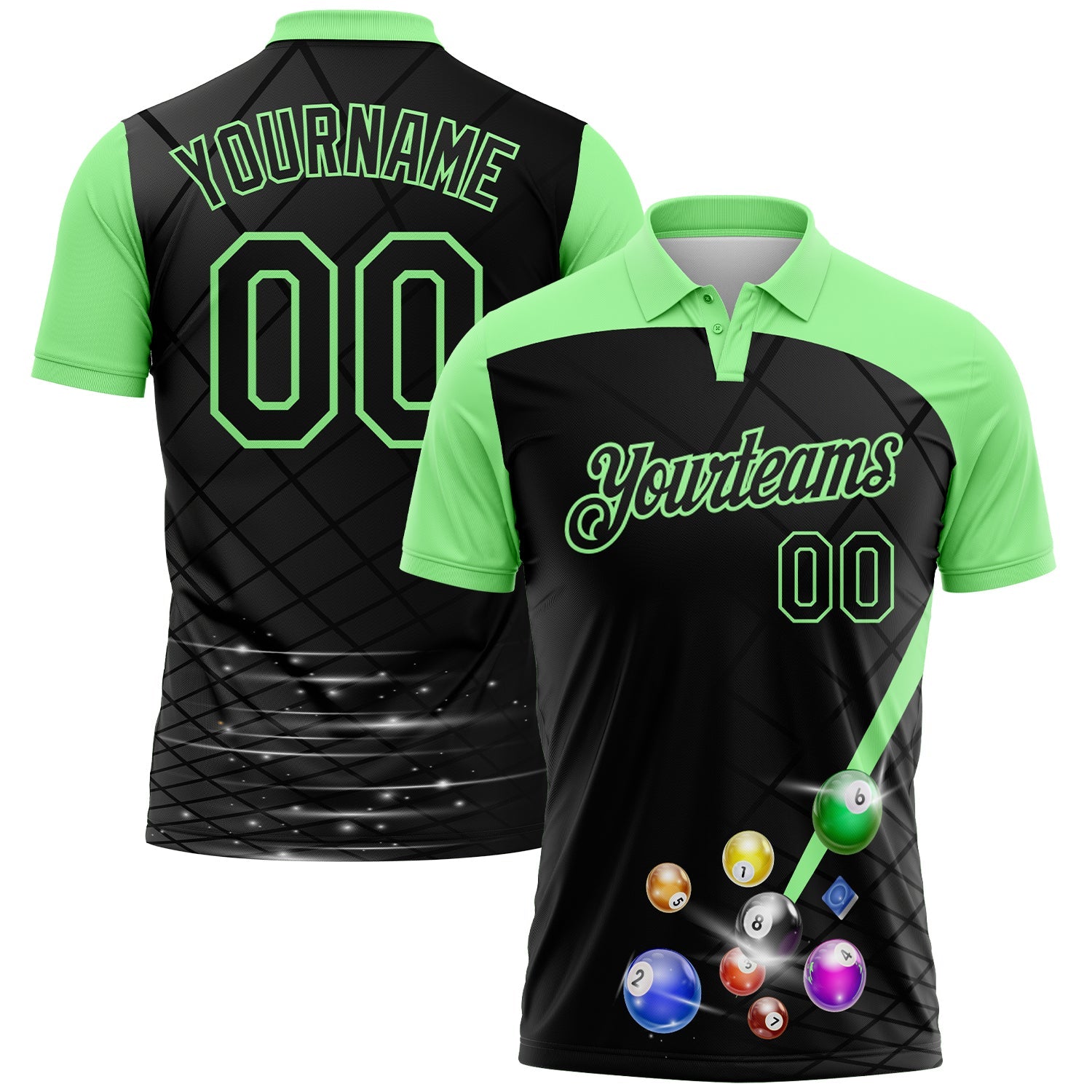 Custom Black-Pea Green Billiard Balls Performance Polo Shirt - Main View