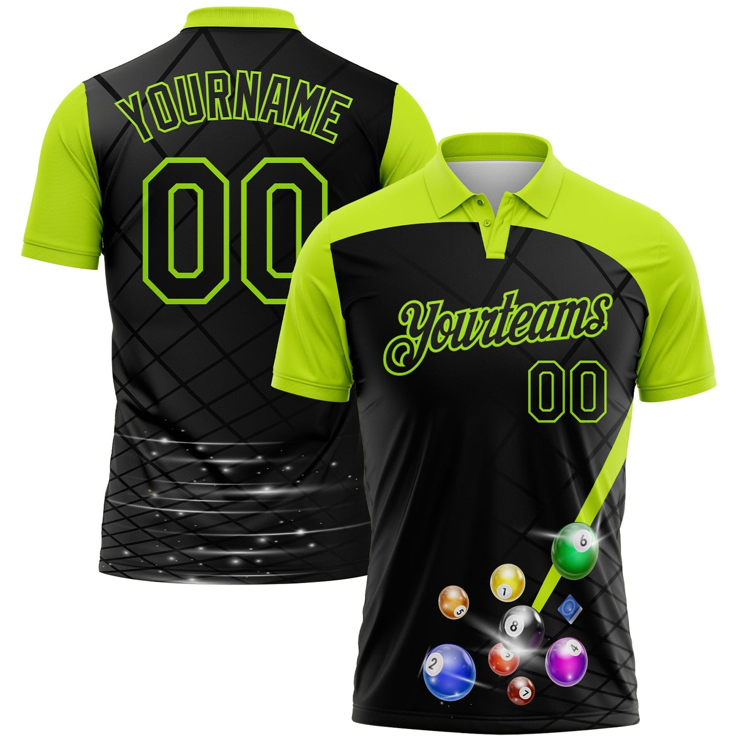 Custom Black-Neon Green Billiard Balls Performance Polo Shirt - Main View