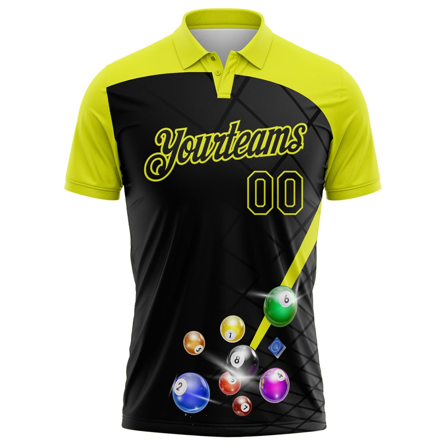 Custom Black-Neon Yellow Billiard Balls Performance Polo Shirt view 2