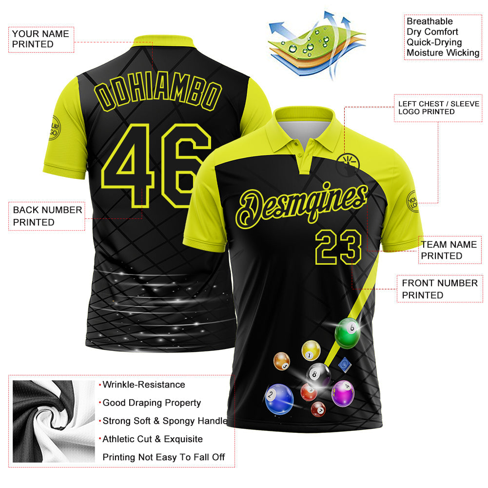 Custom Black-Neon Yellow Billiard Balls Performance Polo Shirt view 3