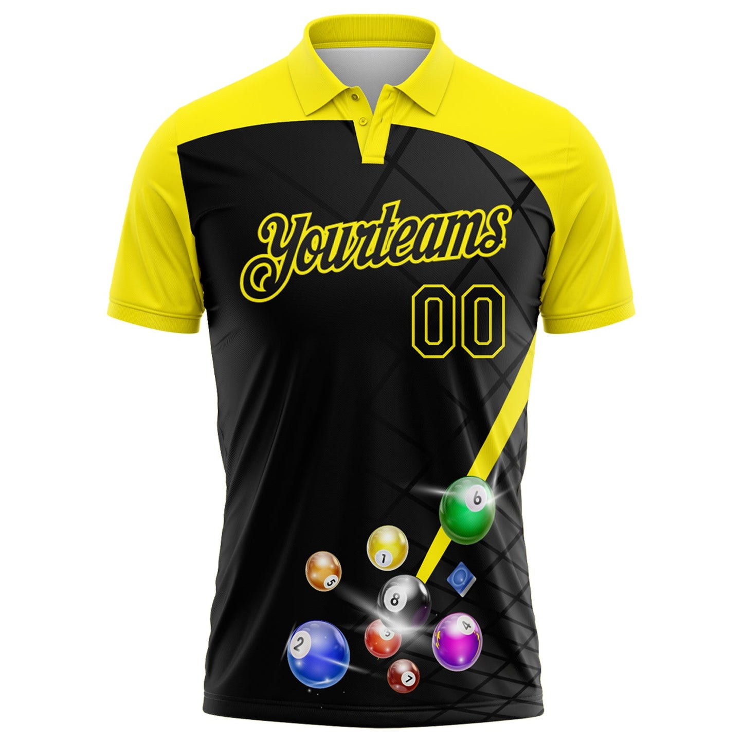 Custom Black-Light Yellow Billiard Balls Performance Polo Shirt view 2