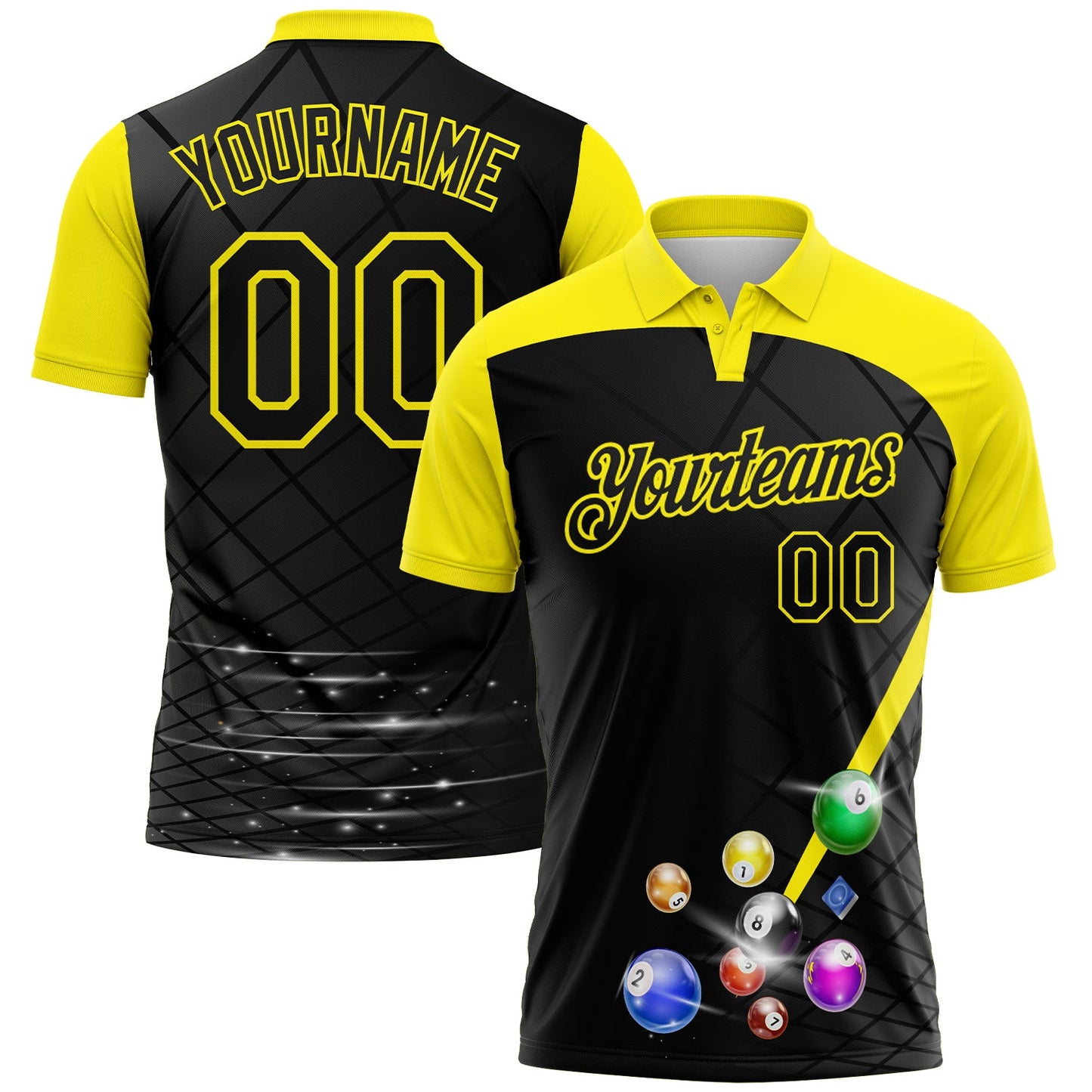Custom Black-Light Yellow Billiard Balls Performance Polo Shirt - Main View