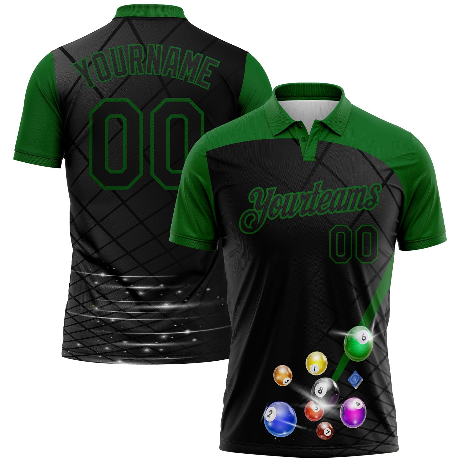 Custom Black-Grass Green Billiard Balls Performance Polo Shirt - Main View