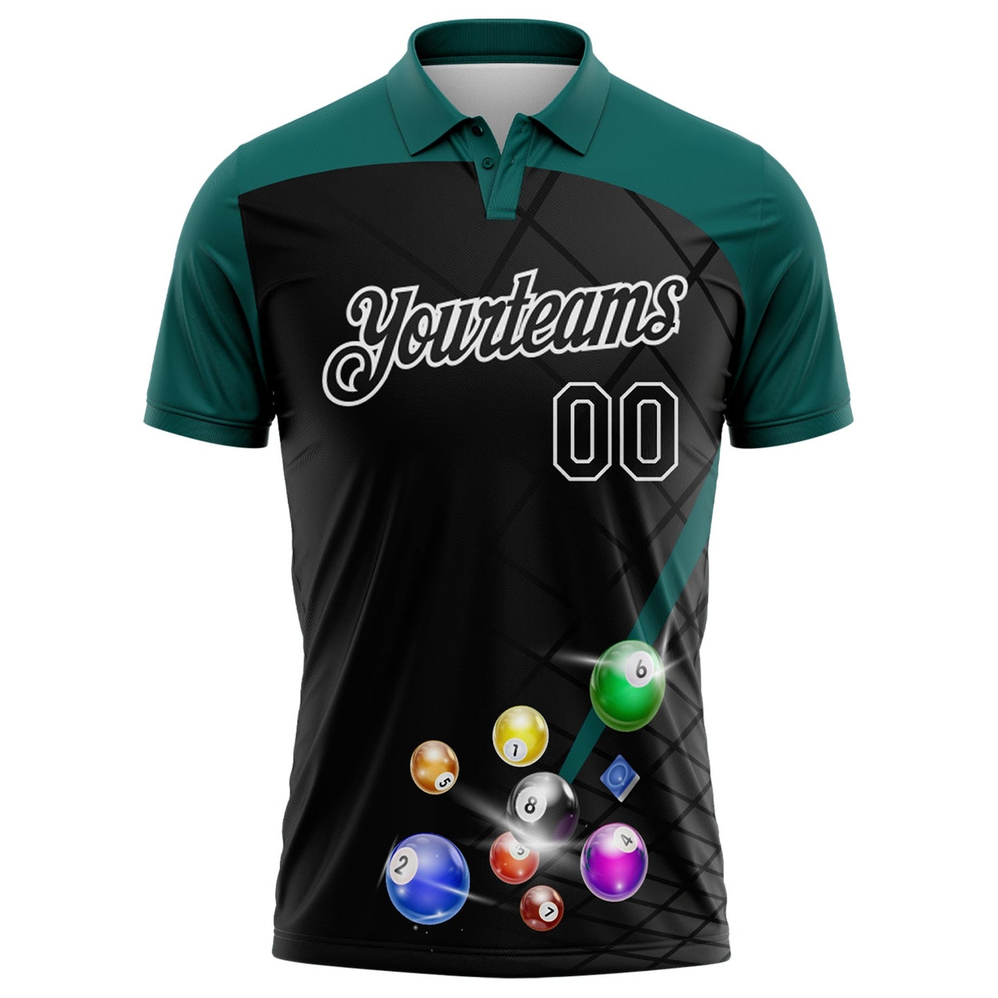 Custom Black Midnight Green-White Billiard Balls Performance Polo Shirt view 2