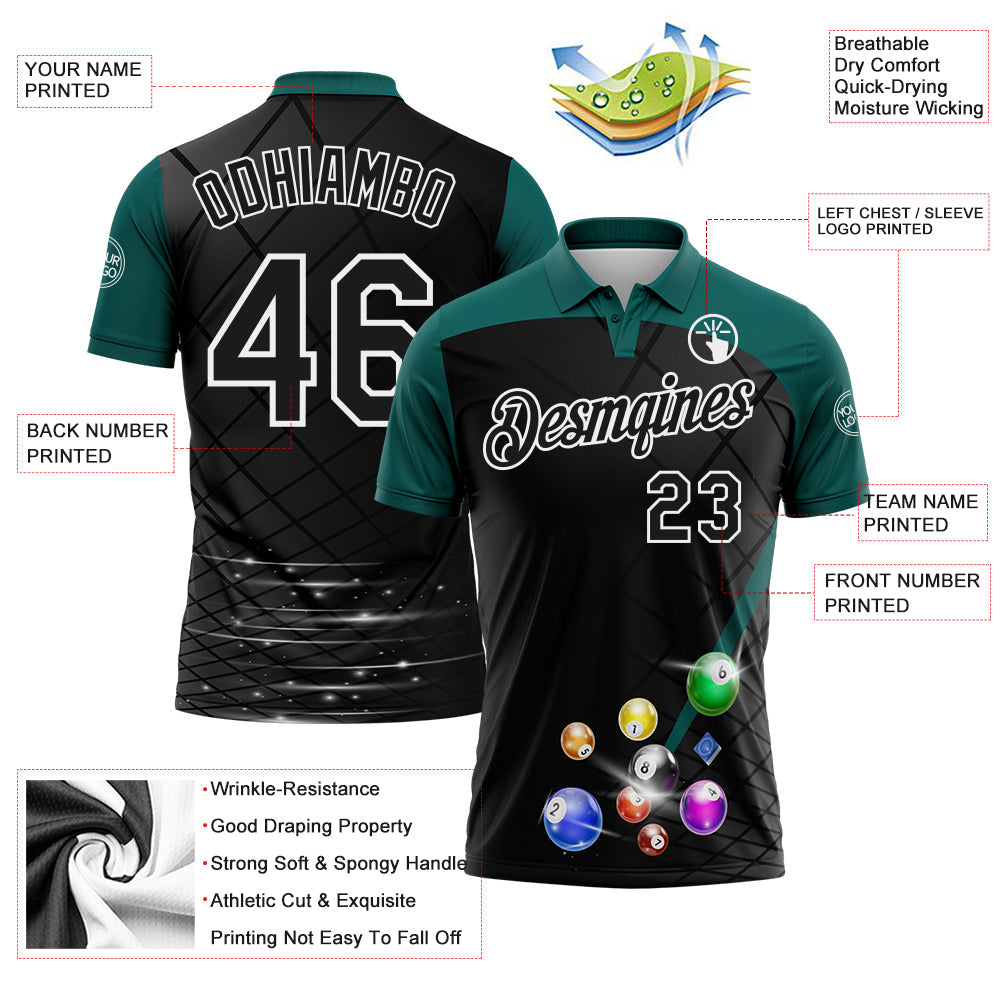 Custom Black Midnight Green-White Billiard Balls Performance Polo Shirt view 3