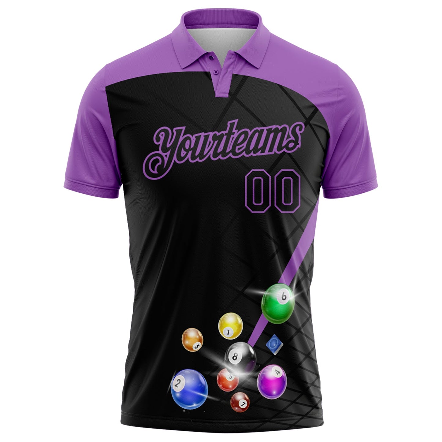 Custom Black-Medium Purple Billiard Balls Performance Polo Shirt view 2