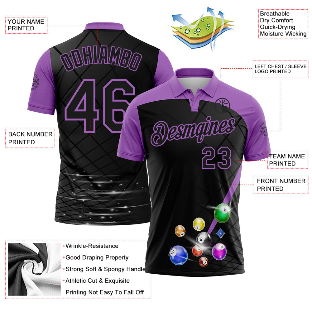 Custom Black-Medium Purple Billiard Balls Performance Polo Shirt view 3