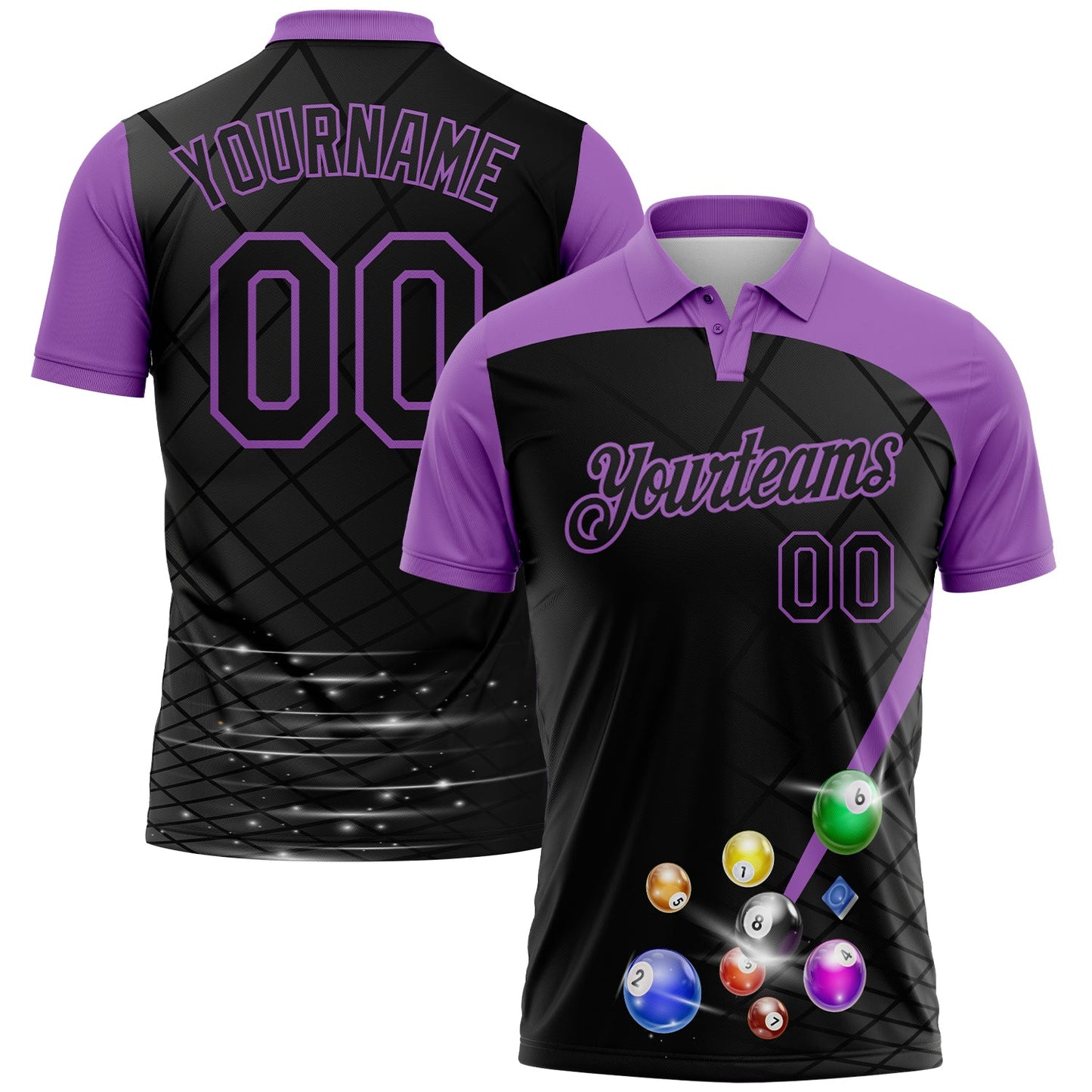 Custom Black-Medium Purple Billiard Balls Performance Polo Shirt - Main View