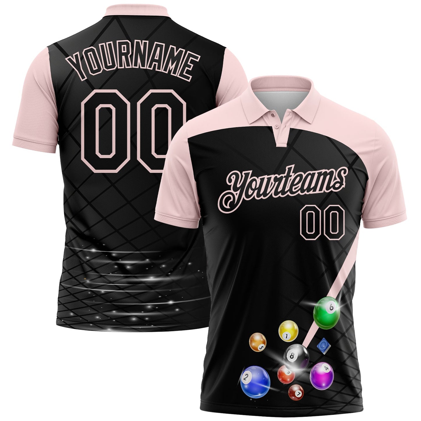 Custom Black-Light Pink Billiard Balls Performance Polo Shirt - Main View