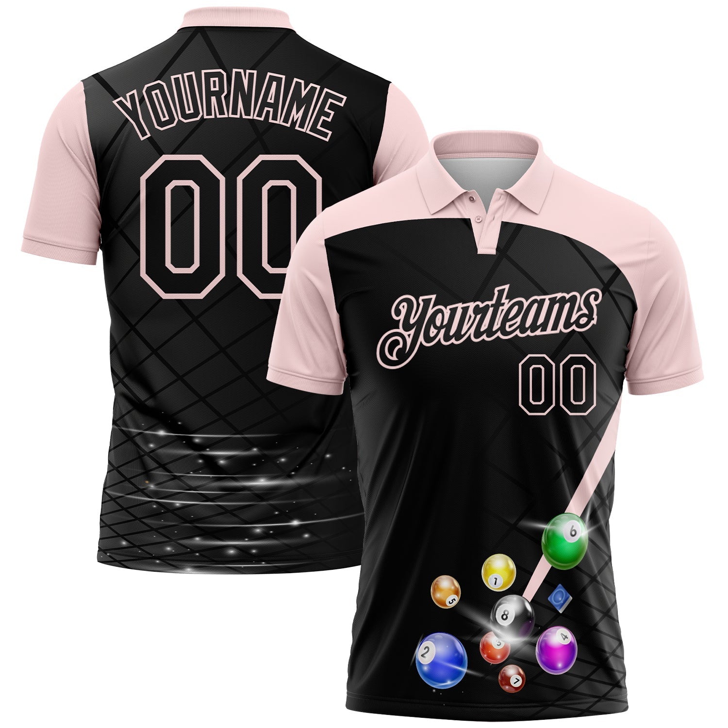 Custom Black-Light Pink Billiard Balls Performance Polo Shirt - Main View