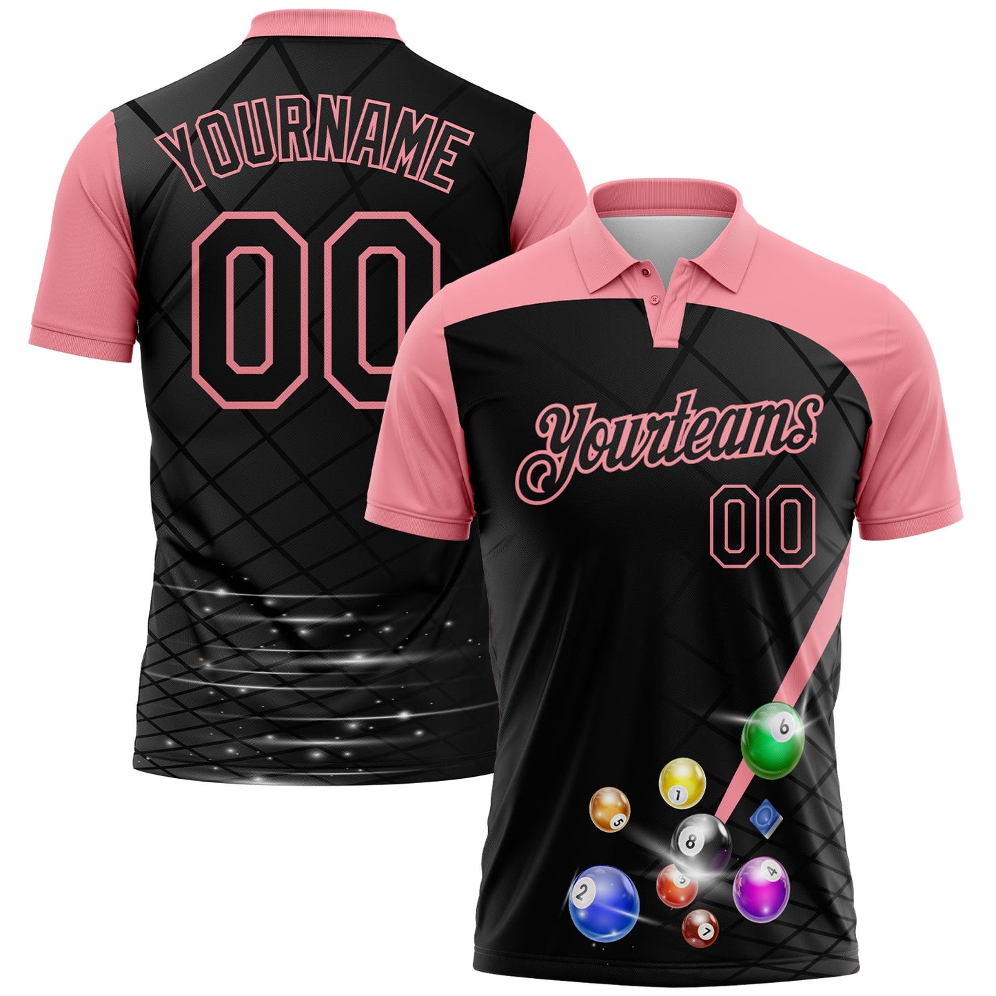 Custom Black-Medium Pink Billiard Balls Performance Polo Shirt - Main View