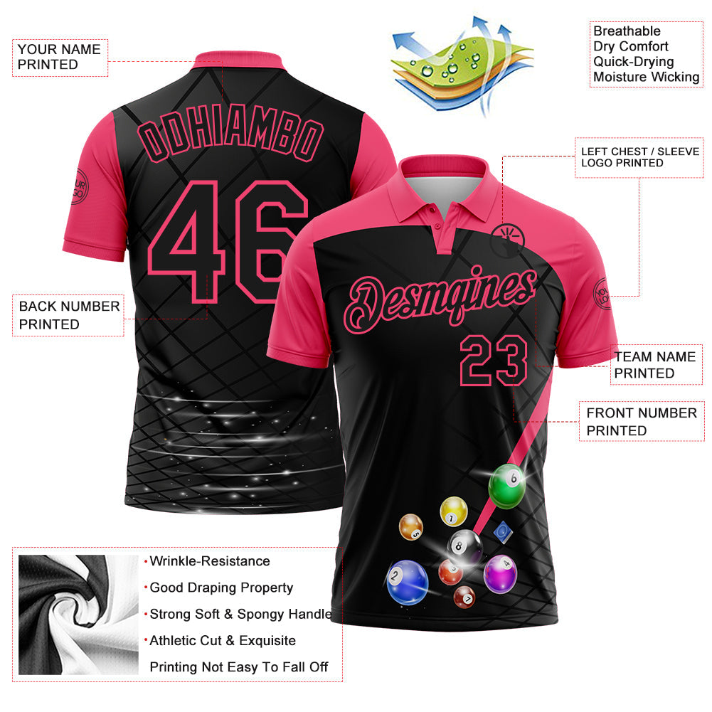 Custom Black-Neon Pink Billiard Balls Performance Polo Shirt view 3