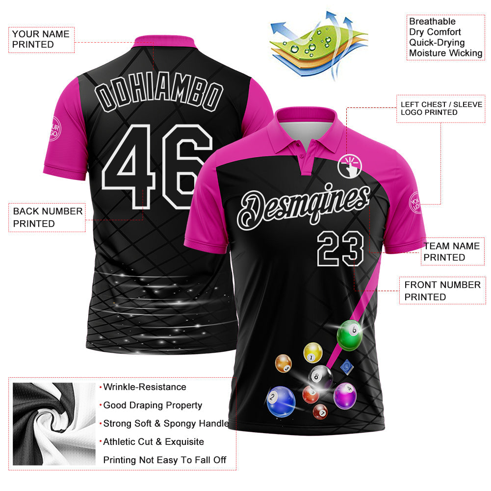 Custom Black Deep Pink-White Billiard Balls Performance Polo Shirt view 3
