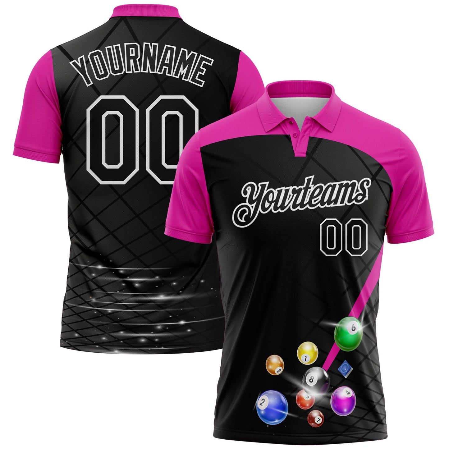Custom Black Deep Pink-White Billiard Balls Performance Polo Shirt - Main View
